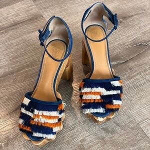 Tory Burch Alma  Platform Sandals Wedges Shoes  Orange Blue Fringe Boho …